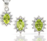 Peridot And Diamond Earring And Pendant Set In Sterling Silver