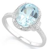 Huge 3 Carat Sky Blue Topaz Ring With Diamond In Sterling Silver