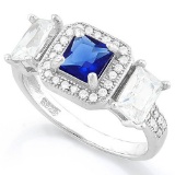 Lab Blue Sapphire Halo Style Ring In Sterling Silver