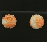 Pink Coral Flower Design Earrings In 14k Gold