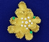 18k Gold Diamond And Emerald Custom Designed Designer Flower Pin