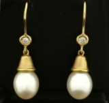Pearl And Diamond Dangle Drop Earrings In 14k Gold