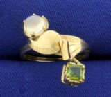 Custom Made Moonstone And Peridot Ring In 10k Yellow Gold
