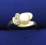 Pearl And Diamond Ring In 14k White Gold
