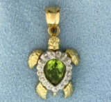 Peridot Sea Turtle Charm Or Pendant In 14k Yellow And White Gold