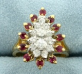 Natural Ruby And Diamond Cocktail Ring In 14k Yellow Gold