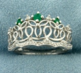 Emerald And Diamond Crown Ring In 14k White Gold