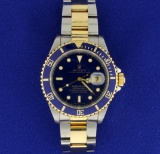 Men's Rolex Two Tone Submariner Watch Model 16613 With Blue Face In Steel And 18k Gold