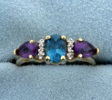 Blue Topaz, Amethyst, And Diamond Ring In 14k Yellow Gold