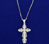 Highly Embellished Cross Pendant And Box Link Chain In 14k White Gold