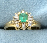 Natural Emerald And Diamond Ring In 14k Yellow Gold