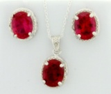 Lab Ruby Oval Cut 7x9mm Earring And Pendant Vintage Style Set With Diamonds In Sterling Silver