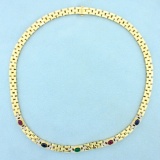 Ruby, Sapphire, Emerald, And Diamond Cabochon Necklace