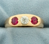 Men's Antique Ruby And Old European Cut Diamond Ring