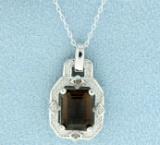 Vintage Style Smokey Topaz Pendant With Diamonds And Chain