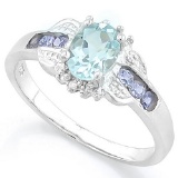 Tanzanite And Aquamarine Deco Style Ring In Platinum Over Sterling Silver