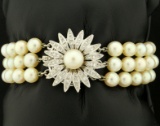 Antique Diamond And Akoya Pearl Three Strand Bracelet