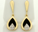 Teardrop Shaped Onyx And 1/4ct Tw Diamond Drop Dangle Earrings In 14k Yellow Gold