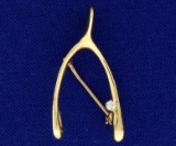 Diamond Wish Bone Pin In 14k Yellow Gold