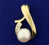 8mm Akoya Pearl And Diamond Pendant Or Slide In 14k Yellow Gold