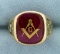 Masonic Ring With Lab Created Ruby In 14k Yellow Gold