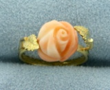 Pink Coral Rose Ring In 18k Yellow Gold
