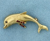 Sapphire And Ruby Dolphin Pendant In 14k Yellow Gold