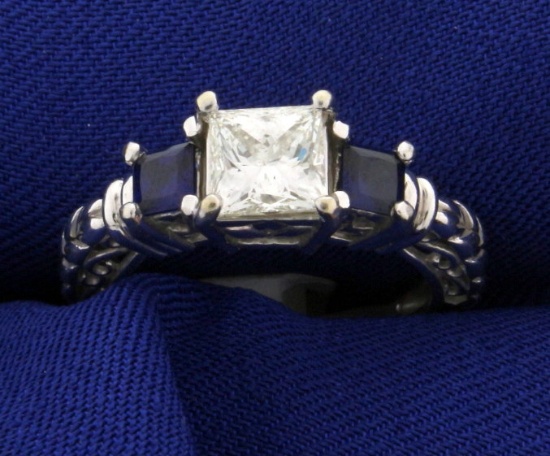 1 Carat Princess Cut "leo" Diamond Ring With Sapphires