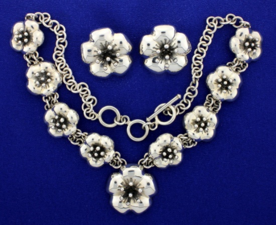 Designer Heavy Sterling Silver Necklace And Earrings Flower Design Set