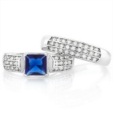 Large Lab Blue And White Sapphire 2 Ring Set In Sterling Silver