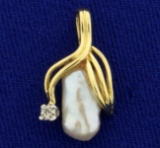 Baroque Pearl And Diamond Pendant In 14k Yellow Gold