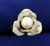 Flower Design Akoya Pearl Ring In 14k White Gold
