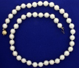 Vintage 20 Inch Long Large 9mm Akoya Pearl Necklace With 14k Yellow Gold Clasp