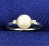 Akoya Pearl And Diamond Ring In 14k White Gold