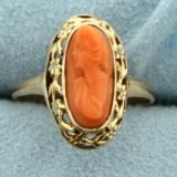 Vintage Pink Coral Cameo Ring In 10k Yellow Gold