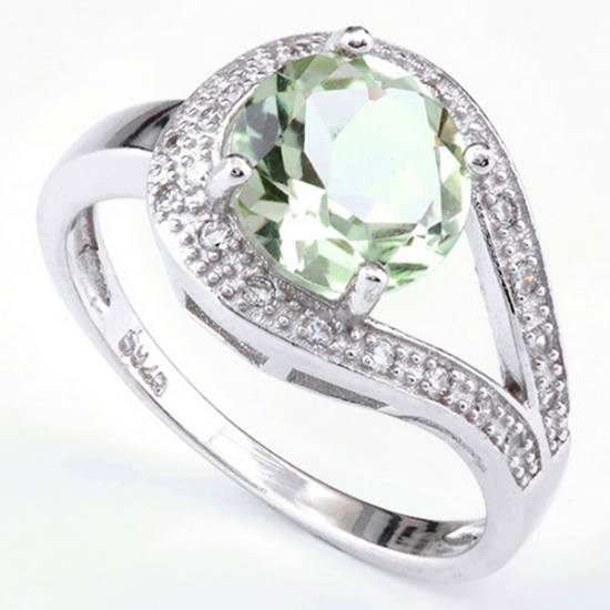Green Amethyst Ring With White Sapphire In Sterling Silver