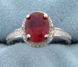 Lab Ruby Oval Cut 7x9mm And Diamond Ring Vintage Style In Sterling Silver