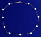 15 Inch Akoya Pearl Station Necklace In 14k Yellow Gold