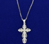 Highly Embellished Cross Pendant And Box Link Chain In 14k White Gold