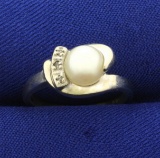 Pearl And Diamond Ring In 14k White Gold