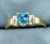 Heart Shaped Swiss Blue Topaz And Diamond Ring In 14k Yellow And White Gold