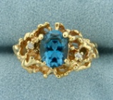 Swiss Blue Topaz And Diamond Gold Ring In Coral Design