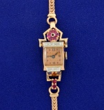 Antique Solid 14k Rose Gold, Ruby, And Diamond Ladies Watch