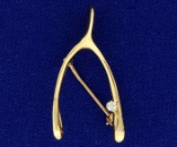 Diamond Wish Bone Pin In 14k Yellow Gold