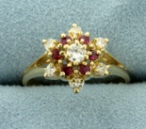 Natural Ruby And Diamond Flower Ring In 14k Yellow Gold