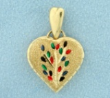 Heart Pendant With Enamel Flower Design In 14k Yellow Gold