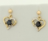 Natural Sapphire And Diamond Heart Earrings In 10k Yellow And White Gold