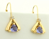 Tanzanite And Diamond Dangle Drop Earrings In 14k Yellow Gold