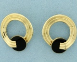 Large Circular Gold And Onyx Earrings In 14k Yellow Gold