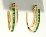 Over 1ct Emerald And Diamond Hoop Earrings In 10k Yellow Gold